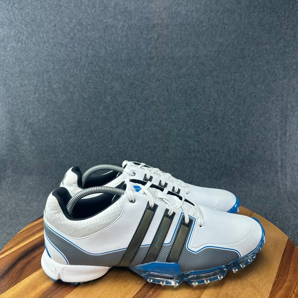 Men's ADIDAS PowerBand Traxion Tour Golf Shoes Size 10 F33368 White/Blue Spikes